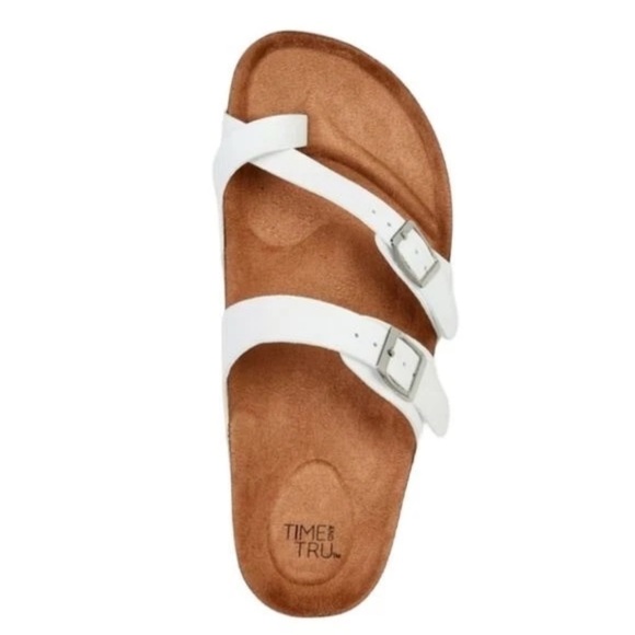 Time and Tru White Sandals Women's 8.5 Wide Width Cork Footbed Buckle Comfort - Picture 2 of 5